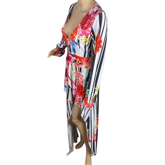 Venus Black White Striped Floral Belted High-Low Duster Tunic Top SZ L - Picture 6 of 11